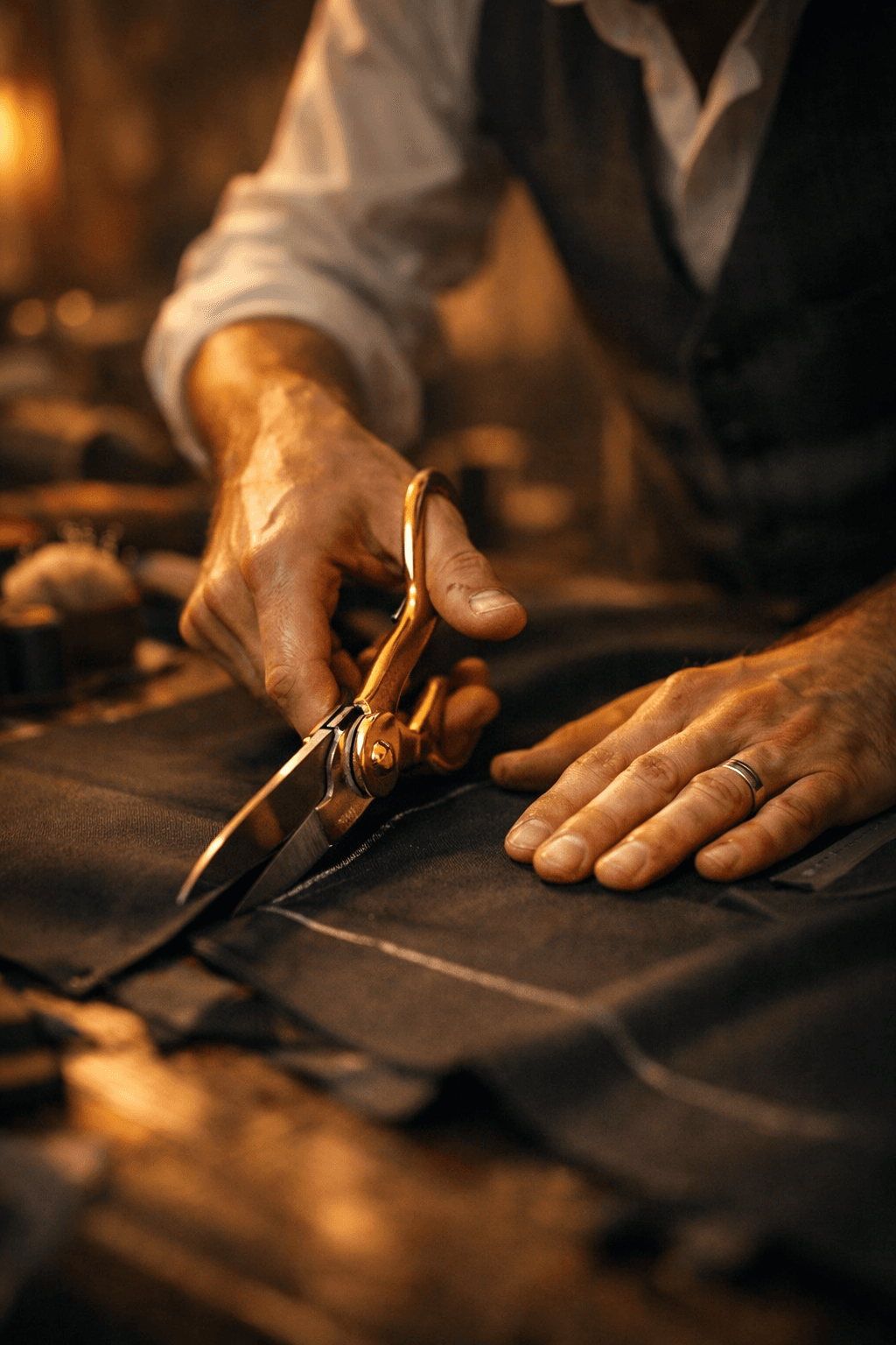 Tailor cutting fabric from a paper pattern